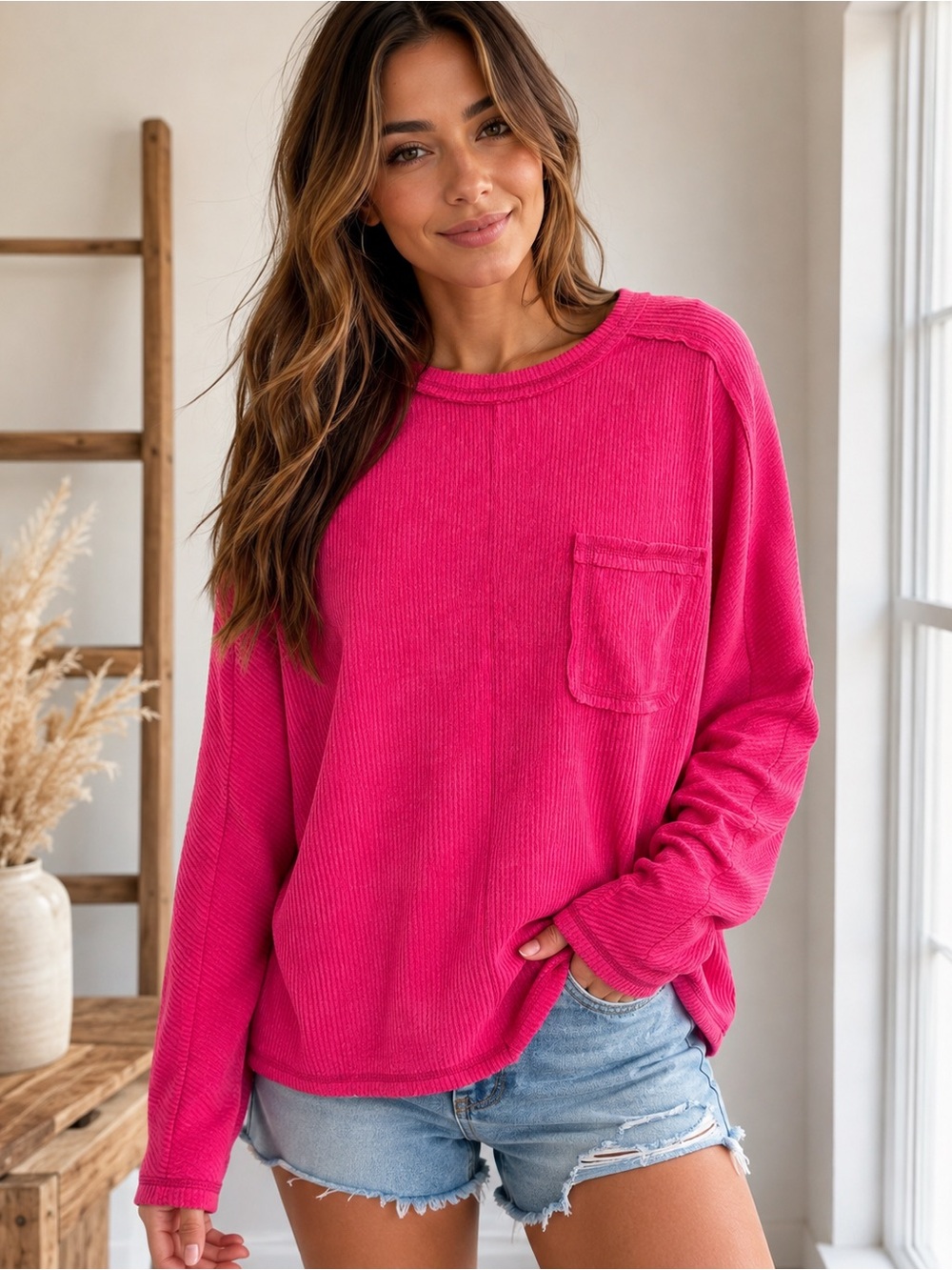 Zenana Hacci Hot Pink Textured Long Sleeve Top 💗